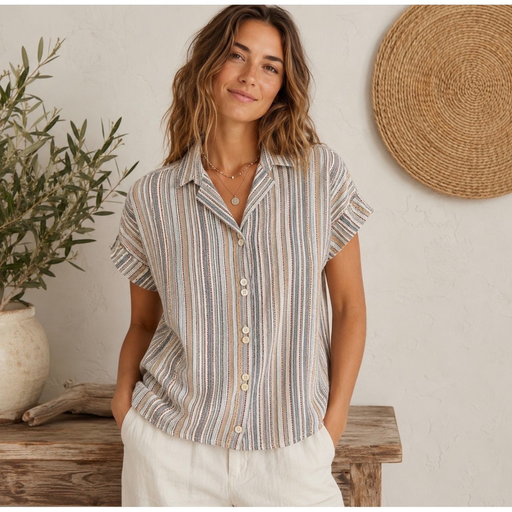 Old Ranch Artisan Stripe Gauze 100%Cotton Shirt Relaxed Coastal Vibe Boho M NWTs